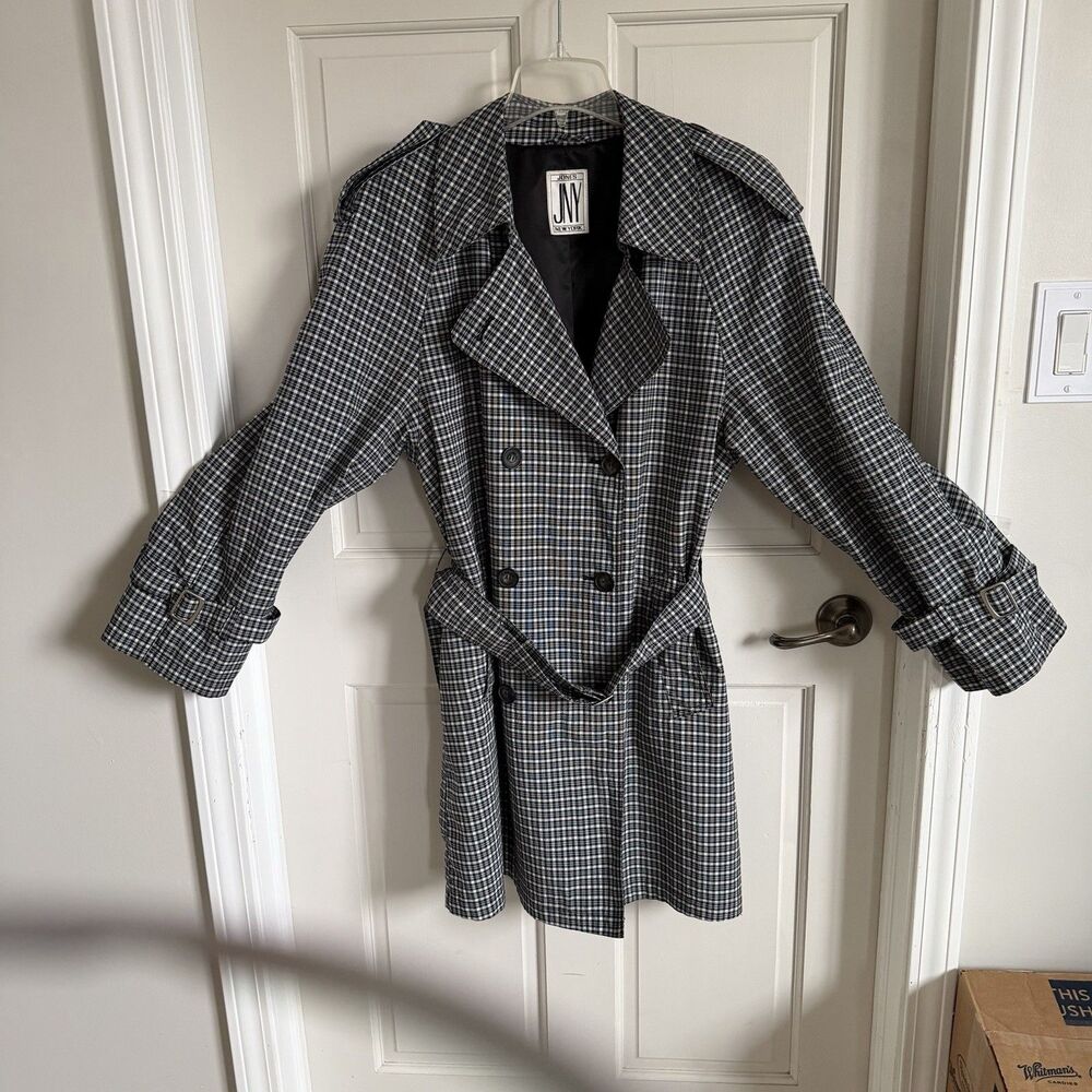 Vintage Jones New York Plaid Double-Breasted Belted Trench Coat Black White XL?